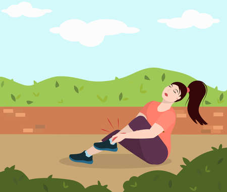 a young brunette woman sits on the ground in a park and holds on to a sore leg injured while running. The concept of a healthy lifestyle and injuries during sportsのイラスト素材