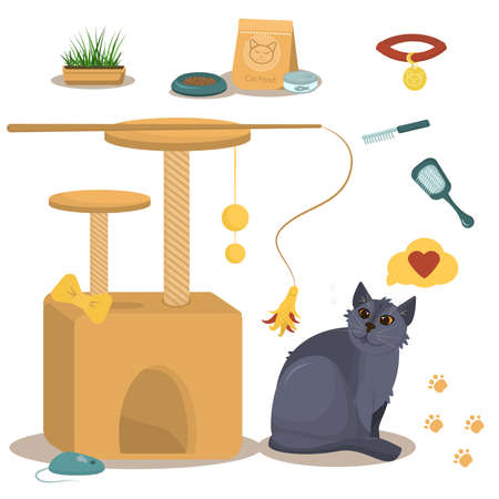 vector illustration on the theme of domestic cats. British gray cat along with a cat house, food and toys for the cats who live in the house.のイラスト素材
