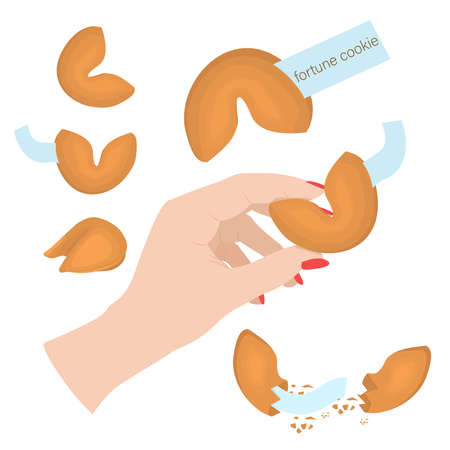 vector illustration of a Chinese fortune cookie. Isolated set on a white background. One cookie in a woman's hand, whole and broken cookiesのイラスト素材