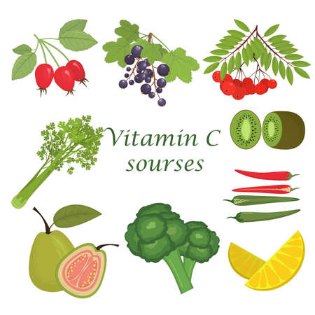 Vector illustration of fruits and vegetables rich in vitamin C, isolated on a white background. The concept of proper and healthy nutritionのイラスト素材