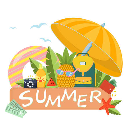 colorful vector illustration on the theme of summer holidays and vacations on the beach of the seaのイラスト素材