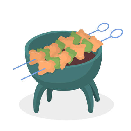 vector illustration of a metal picnic grill with a barbecue on it, isolated on a white backgroundのイラスト素材