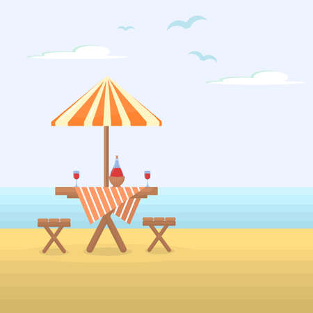 vector illustration of a wooden table with chairs on the beachのイラスト素材