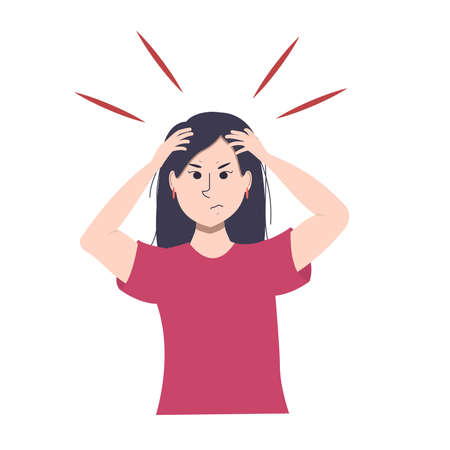 a young Asian woman holds her head. Vector illustration on the topic of stress, headache, or deadlineのイラスト素材