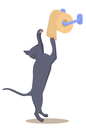 vector illustration of a funny gray cat playing with toilet paper, isolated on a white backgroundのイラスト素材