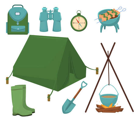 set of vector illustrations on the theme of tourism and hiking isolated on a white backgroundのイラスト素材