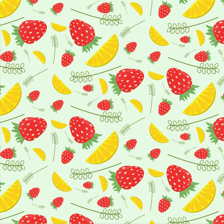 vector pattern with strawberry berries and orange slices on a light green backgroundのイラスト素材