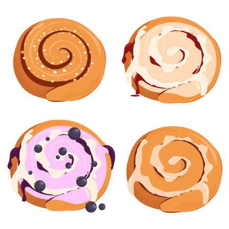 set of vector illustrations on the theme of cinnamon rolls and cream, isolated on a white backgroundのイラスト素材
