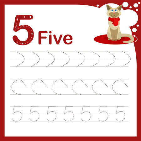 drawing line vector illustration of a children's task for learning numbers. A worksheet with the number five. Handwriting trainingのイラスト素材