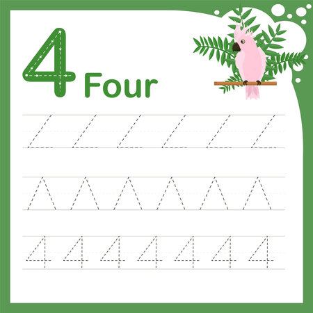 drawing line vector illustration of a children's task for learning numbers. A worksheet with the number four. Handwriting trainingのイラスト素材