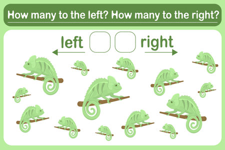A logic game for kids called "Left or Right". Spatial orientation with chameleons. Training sheet. Count how many chameleons are turned left and how many are turned left.のイラスト素材