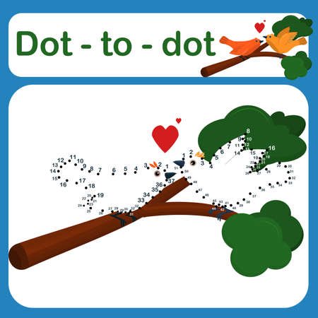 Dot to dot game for kids vector illustration. Number drawing line puzzle game. Coloring page for children. Birds on a tree branchのイラスト素材