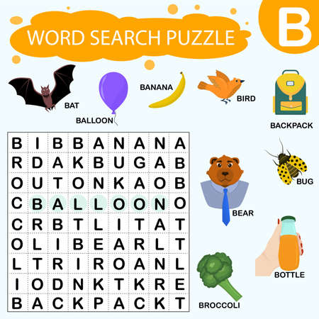 Vector educational game for kids. A puzzle for finding words starting with the letter Bのイラスト素材