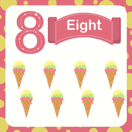vector illustration of a children's card with number eight. The worksheet learns to count and write.のイラスト素材