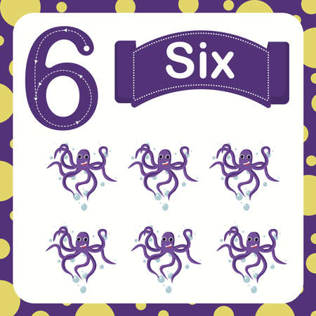 vector illustration of a children's card with number six. The worksheet learns to count and write.のイラスト素材