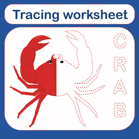 Vector illustration of a children's game with a crab on the theme of the sea. Preschool worksheet for practicing fine motor skills - tracing dotted lines. The trace worksheet.のイラスト素材