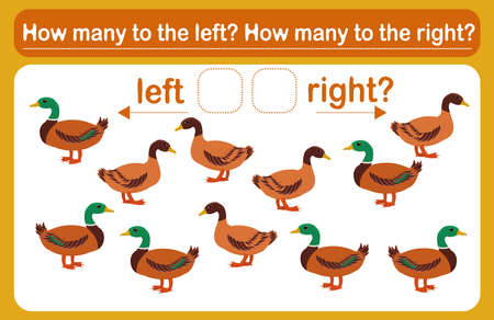 A logic game for kids called Left or right. Spatial orientation with ducks. Training sheet. Count how many ducks are turned left and how many are turned right.のイラスト素材