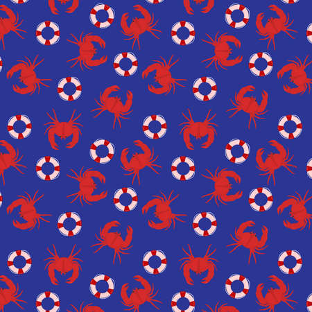 marine vector pattern with crabs and a lifebuoy on a dark blue backgroundのイラスト素材