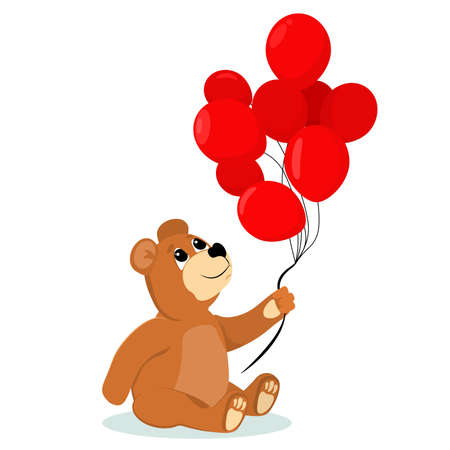 vector illustration of teddy bear with red balloons in hand, isolated on a white backgroundのイラスト素材