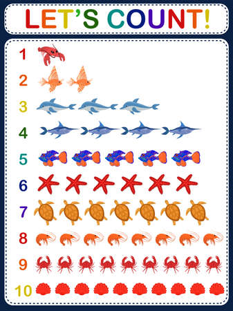 educational children's vector illustration on the topic of simple mathematical calculation. Marine life. Count gameのイラスト素材