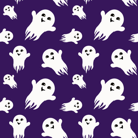 vector pattern on the theme of Halloween. A smiling ghost on a dark purple backgroundのイラスト素材
