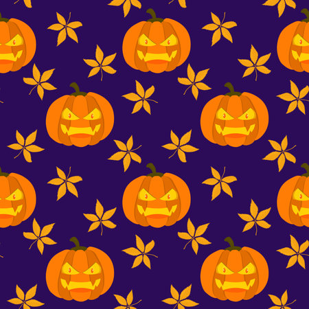 vector pattern on the theme of Halloween. Angry pumpkin with autumn leaves on a dark purple backgroundのイラスト素材