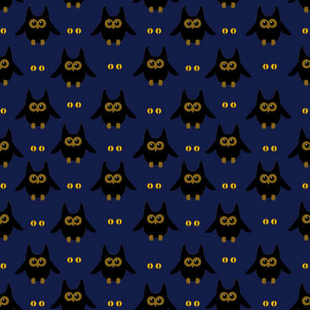 vector pattern on the theme of Halloween. Black owls with burning eyes on a dark blue backgroundのイラスト素材