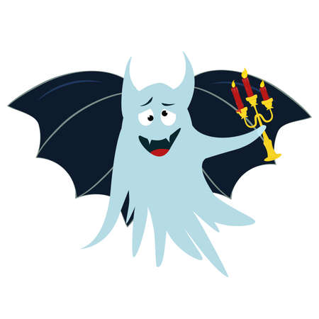 vector illustration of a funny ghost with wings and a candelabra in his hand isolated on a white background, halloween themeのイラスト素材