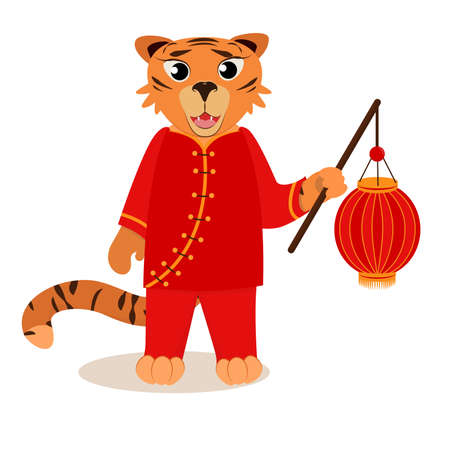 vector illustration of a tiger in a traditional costume and a flashlight in his hand for celebrating the Chinese New year. Isolated on a white backgroundのイラスト素材