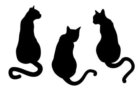 vector illustration of three black silhouettes of cats isolated on a white backgroundのイラスト素材