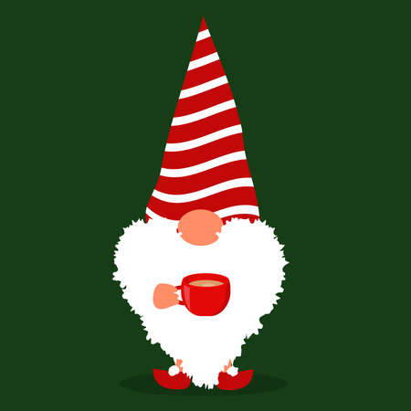 vector illustration of a little gnome in Christmas style on a dark green background with a red cup in his handsのイラスト素材