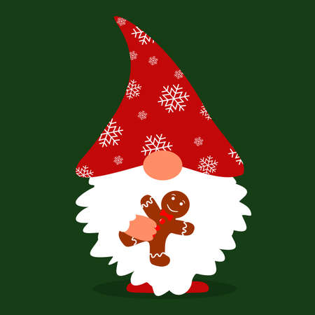 vector illustration of a little gnome in Christmas style on a dark green background with a gingerbread man in his handsのイラスト素材