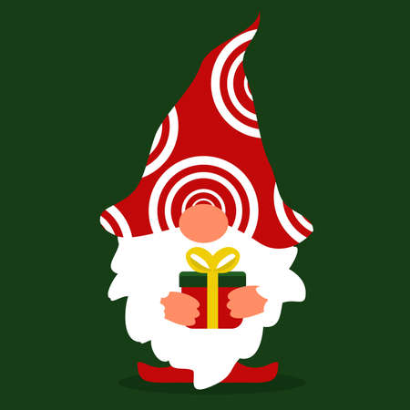 vector illustration of a little gnome in Christmas style on a dark green background, with a gift box in his handsのイラスト素材