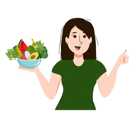 vector illustration of a young Asian woman with a plate full of vegetables and fruits in one hand and showing a like with the other hand. The concept of proper nutrition and vegetarianismのイラスト素材