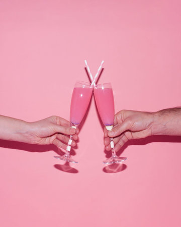Valentine day party concept. Male and female hand raise champagne glasses with pink drink and tubes...