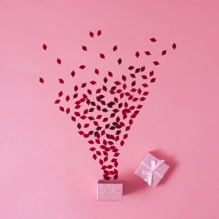 Small red lips confetti explode from the gift box on the pastel pink background. Flat lay st...