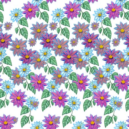Flowers seamless pattern on a blue and pink watercolor white backgroundの写真素材