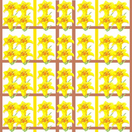 watercolor on white background yellow lily flower in a cage seamless pattern wallpaperの写真素材