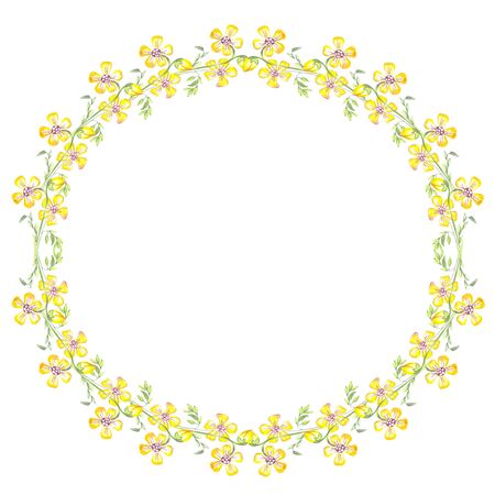 green leaves yellow flower watercolor on a white background round frame patternの写真素材