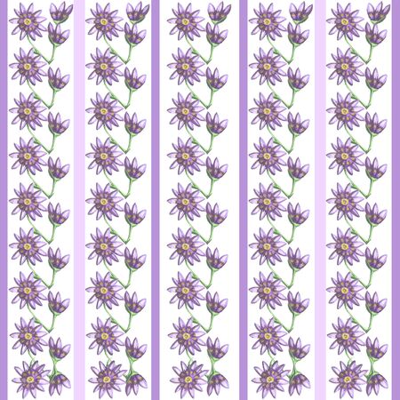 watercolor white background seamless pattern lilac flowers wallpaper stripes illustrationの写真素材