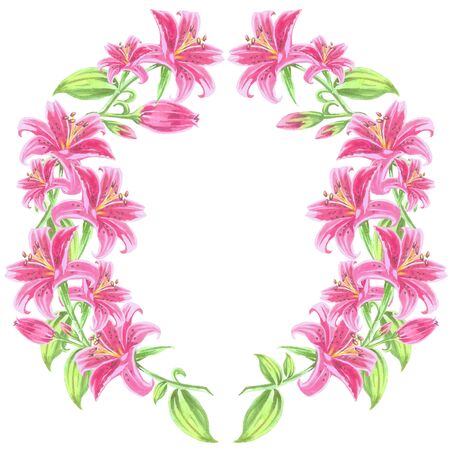 round frame of pink lilies for inscription on a white background in watercolorの写真素材