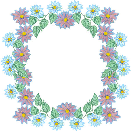 round watercolor frame  white background flower blue lilac daisy inflorescenceの写真素材