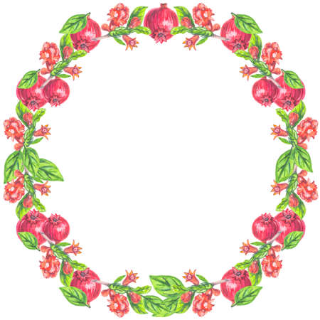 round frame for postcards and inscriptions on white background pomegranate nature watercolorの写真素材