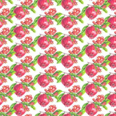 seamless wallpaper on white background watercolor pomegranate with flowers natureの写真素材