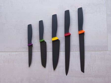 Knife plastic set in the kitchen colorful for foodの写真素材