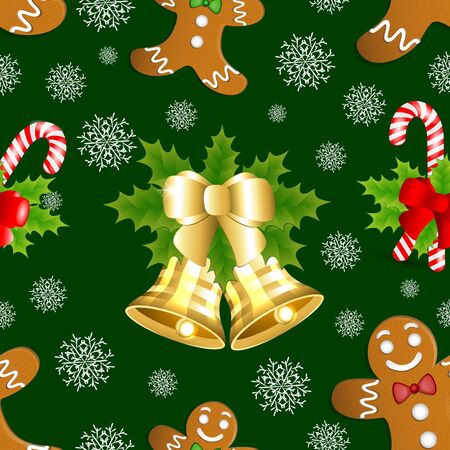 Christmas pattern with gingerbread, holly and golden bellのイラスト素材