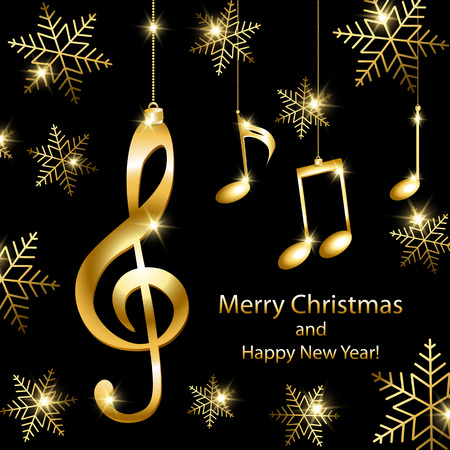 Abstract New Year background with musical notes, treble clef and snowflakesのイラスト素材
