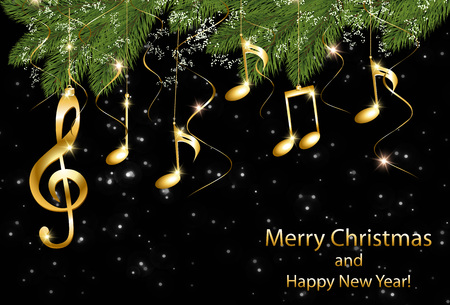 Abstract New Year background with musical notes and treble clef on a Christmas tree branchのイラスト素材