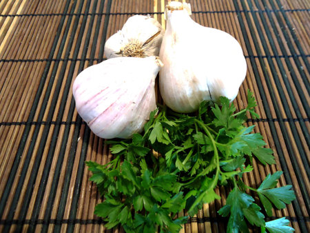 garlic and greens closeup                               