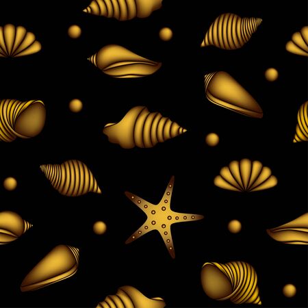 Seamless pattern with gold shells on black backgroundのイラスト素材